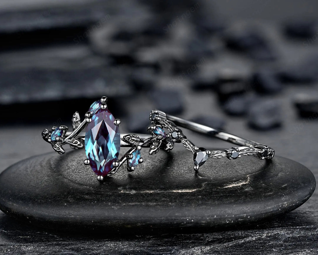 Gothic Marquise Alexandrite Engagement Ring Set, Black Gold Promise Ring, Rhodium Black Witchy Twig Branch Leaf Bridal Set, June Birthstone - ShainJewelry
