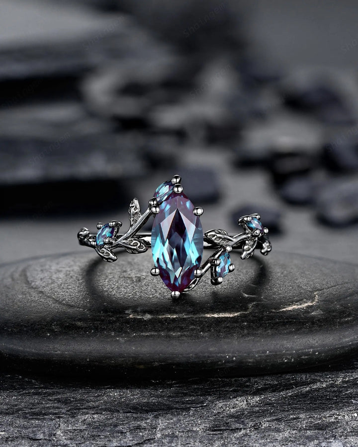 Gothic Marquise Alexandrite Engagement Ring Set, Black Gold Promise Ring, Rhodium Black Witchy Twig Branch Leaf Bridal Set, June Birthstone - ShainJewelry