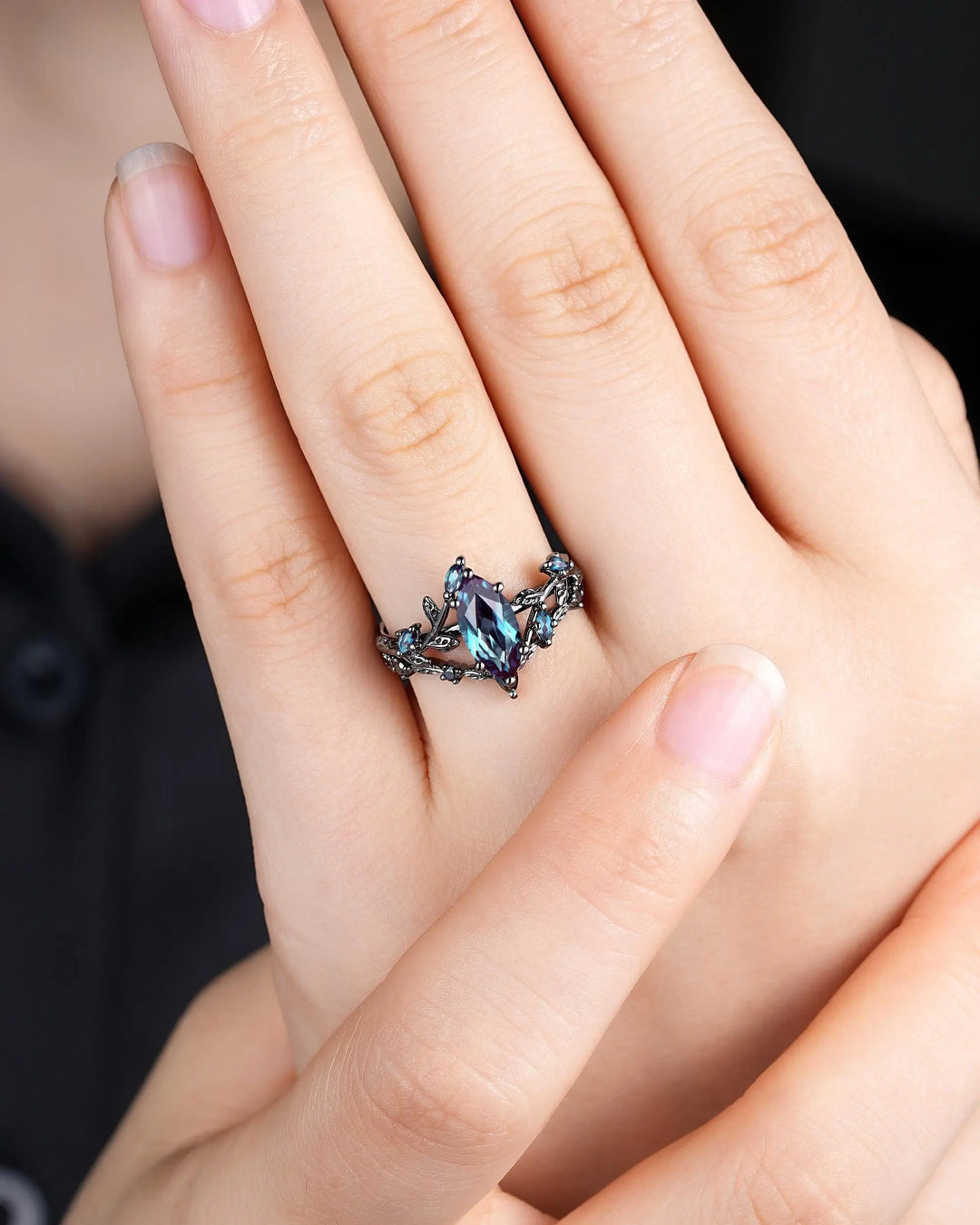 Gothic Marquise Alexandrite Engagement Ring Set, Black Gold Promise Ring, Rhodium Black Witchy Twig Branch Leaf Bridal Set, June Birthstone - ShainJewelry