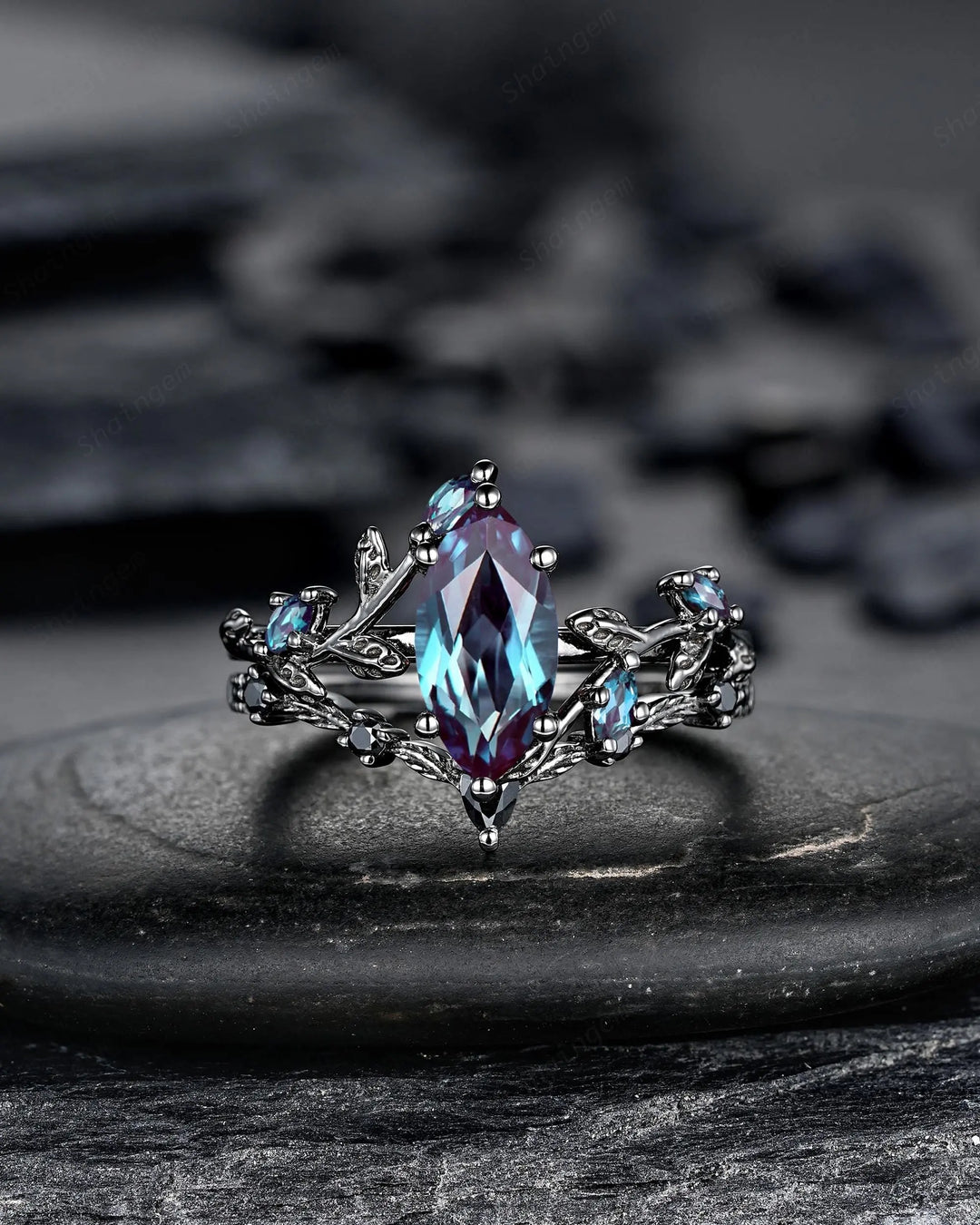 Gothic Marquise Alexandrite Engagement Ring Set, Black Gold Promise Ring, Rhodium Black Witchy Twig Branch Leaf Bridal Set, June Birthstone - ShainJewelry