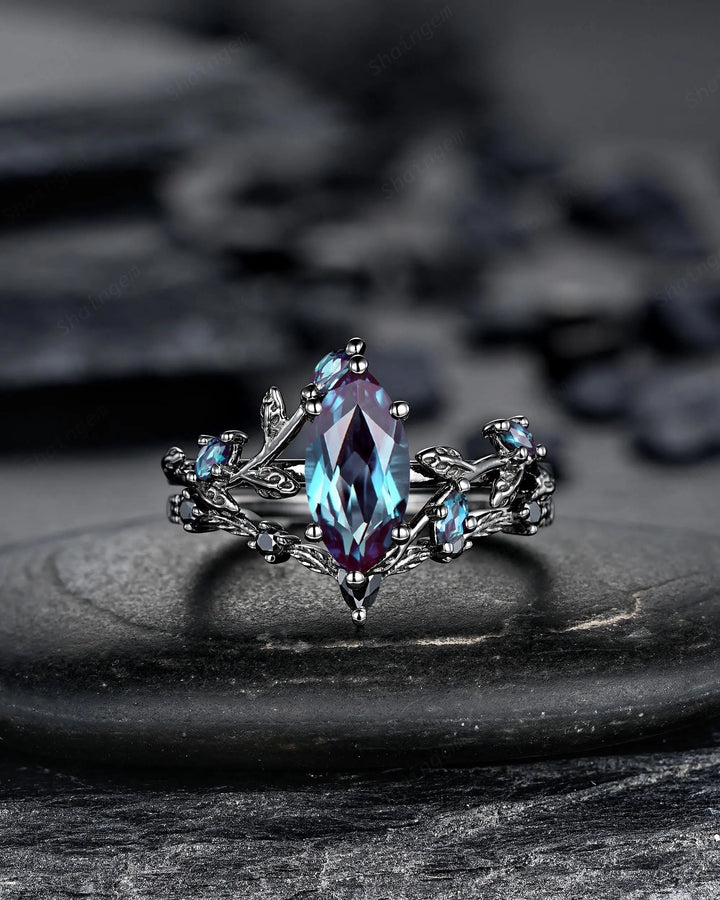 Gothic Marquise Alexandrite Engagement Ring Set, Black Gold Promise Ring, Rhodium Black Witchy Twig Branch Leaf Bridal Set, June Birthstone - ShainJewelry