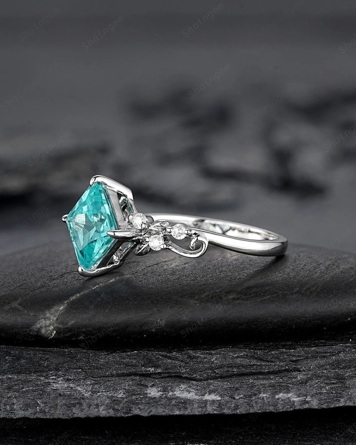 Platinum Princess Cut Neon Blue Tourmaline Leaf Engagement Ring, White Gold Wedding Promise Ring, Sterling Silver 925 Bridal Ring, Platinum - ShainJewelry