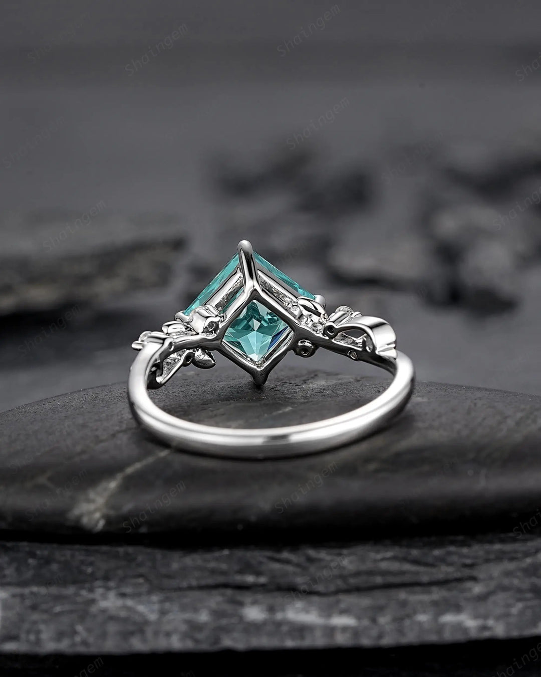 Platinum Princess Cut Neon Blue Tourmaline Leaf Engagement Ring, White Gold Wedding Promise Ring, Sterling Silver 925 Bridal Ring, Platinum - ShainJewelry