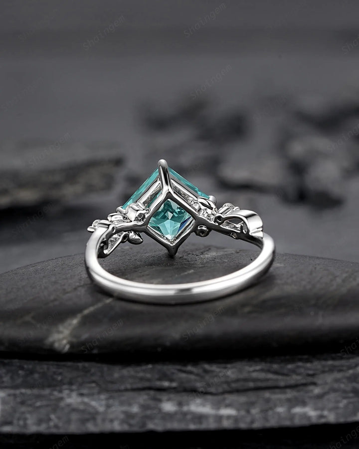 Platinum Princess Cut Neon Blue Tourmaline Leaf Engagement Ring, White Gold Wedding Promise Ring, Sterling Silver 925 Bridal Ring, Platinum - ShainJewelry
