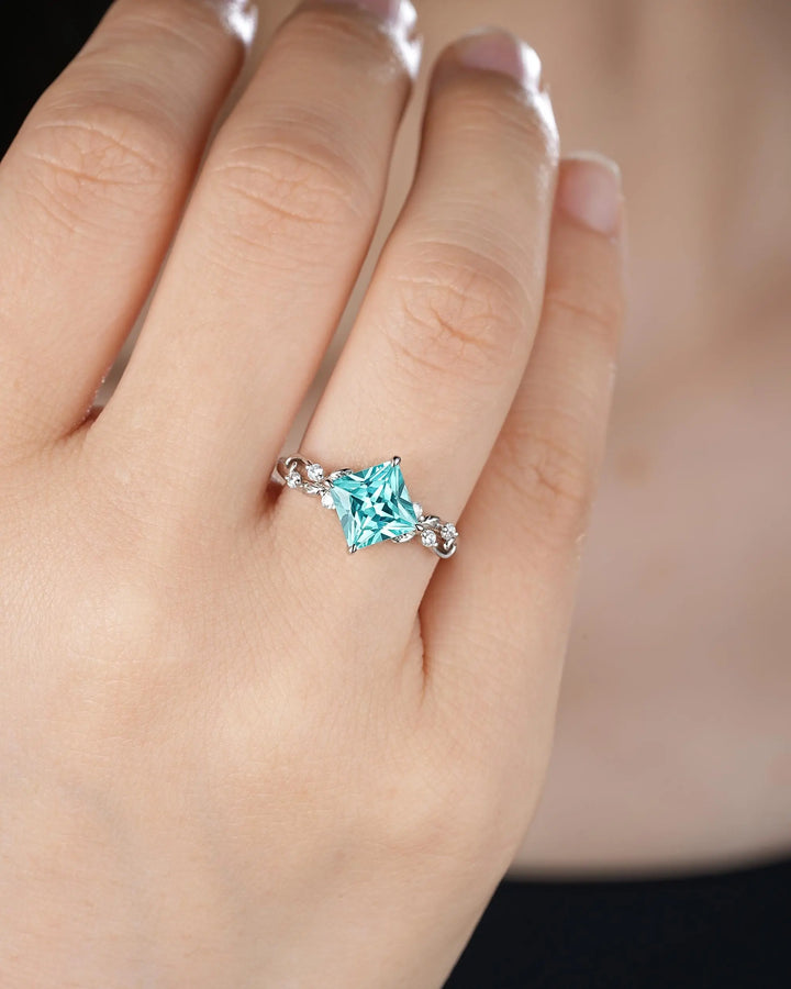 Platinum Princess Cut Neon Blue Tourmaline Leaf Engagement Ring, White Gold Wedding Promise Ring, Sterling Silver 925 Bridal Ring, Platinum - ShainJewelry