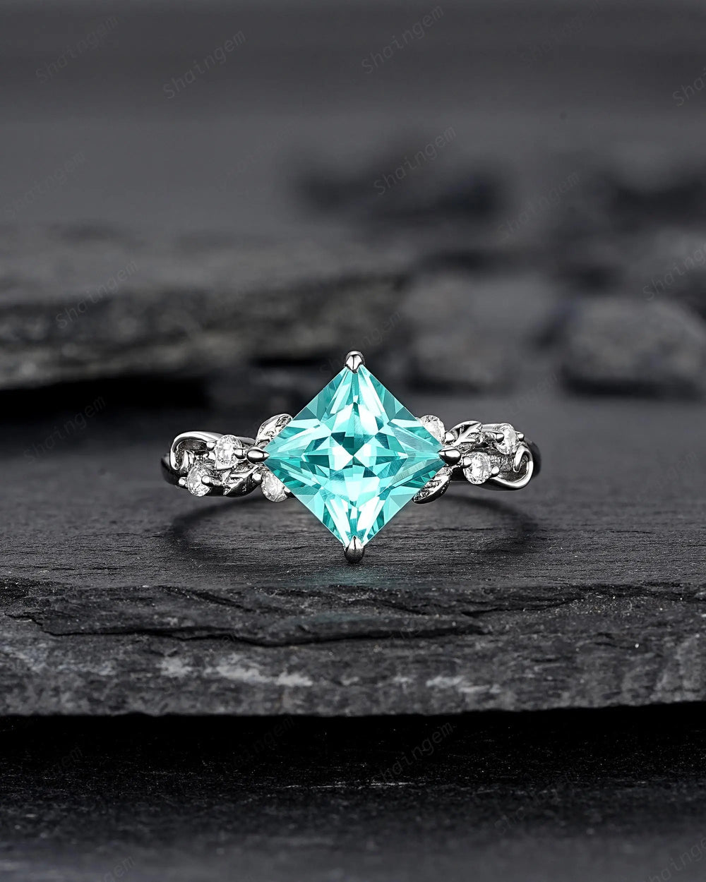 Platinum Princess Cut Neon Blue Tourmaline Leaf Engagement Ring, White Gold Wedding Promise Ring, Sterling Silver 925 Bridal Ring, Platinum - ShainJewelry