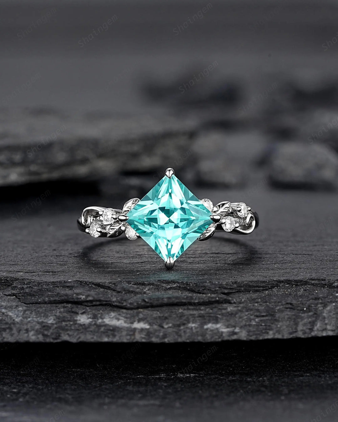 Platinum Princess Cut Neon Blue Tourmaline Leaf Engagement Ring, White Gold Wedding Promise Ring, Sterling Silver 925 Bridal Ring, Platinum - ShainJewelry