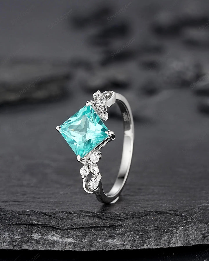 Platinum Princess Cut Neon Blue Tourmaline Leaf Engagement Ring, White Gold Wedding Promise Ring, Sterling Silver 925 Bridal Ring, Platinum - ShainJewelry