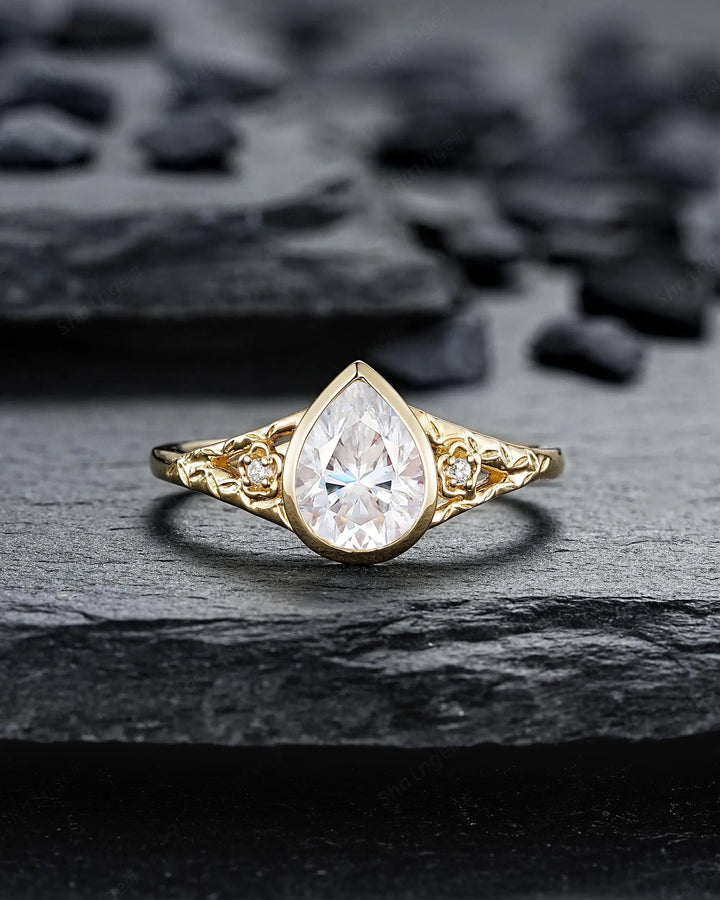 Vintage Pear Moissanite and Diamond Engagement Ring Bridal Set, 14K Yellow Gold Moissanite Full Bezel Leaf Spilt Shank Promise Wedding Ring - ShainJewelry