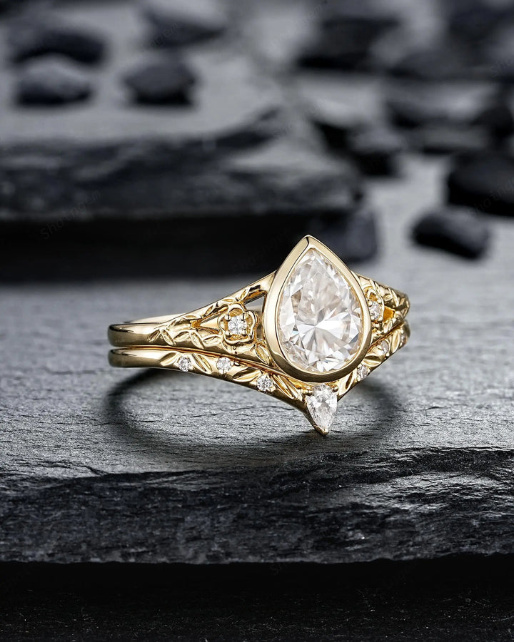 Vintage Pear Moissanite and Diamond Engagement Ring Bridal Set, 14K Yellow Gold Moissanite Full Bezel Leaf Spilt Shank Promise Wedding Ring - ShainJewelry