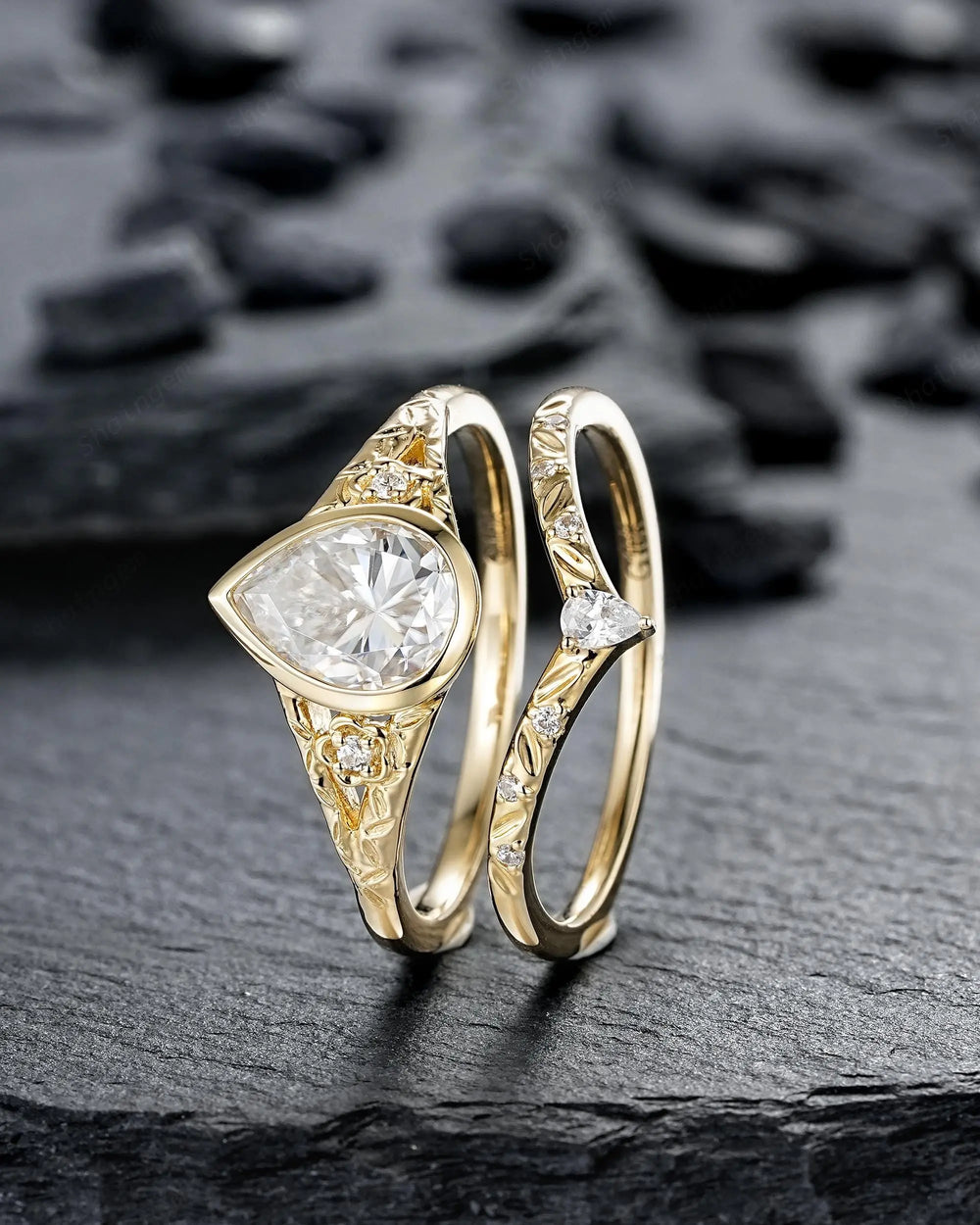 Vintage Pear Moissanite and Diamond Engagement Ring Bridal Set, 14K Yellow Gold Moissanite Full Bezel Leaf Spilt Shank Promise Wedding Ring - ShainJewelry