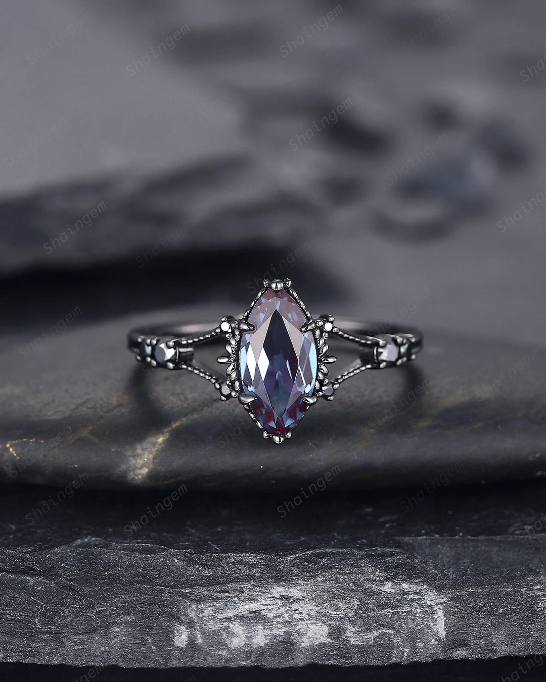 Gothic Marquise Cut Alexandrite Engagement Ring, Rhodium Black Promise Ring, Black Gold Promise Anniversary Ring Gift, Dark Split Shank Ring - ShainJewelry