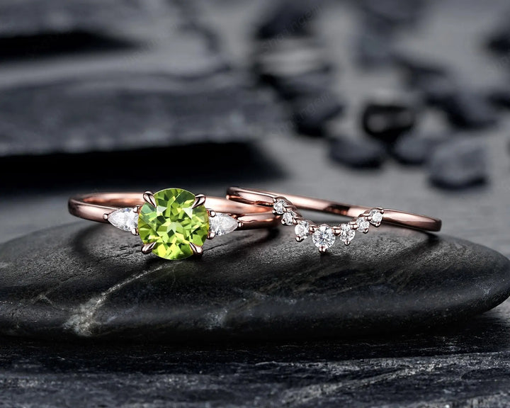 Round Shape Natural Peridot and Moissanite Engagement Ring Set, Rose Gold Diamond Promise Ring Anniversary Gift for Woman, August Birthstone - ShainJewelry