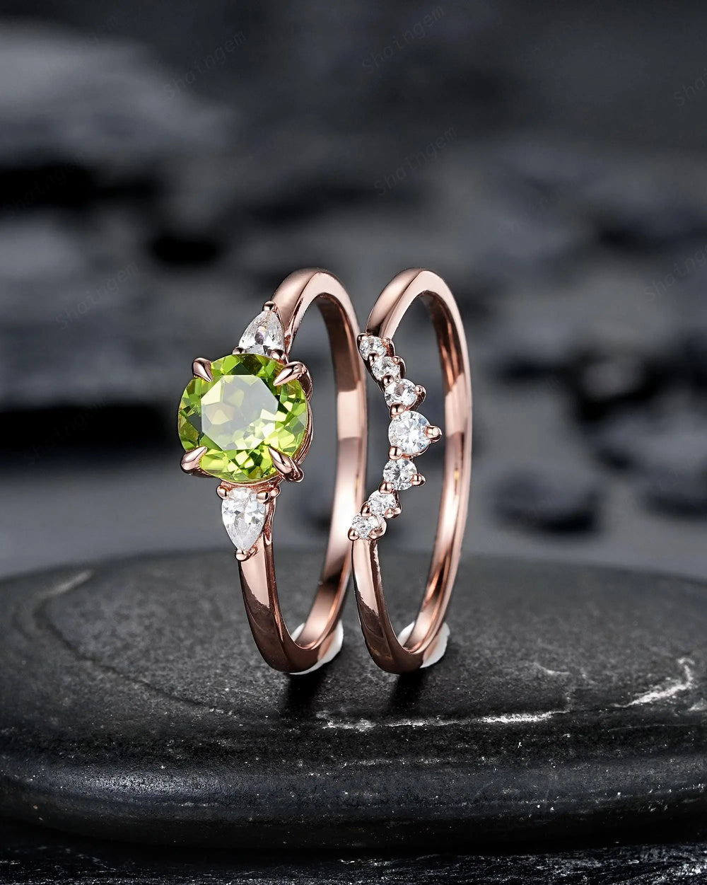 Round Shape Natural Peridot and Moissanite Engagement Ring Set, Rose Gold Diamond Promise Ring Anniversary Gift for Woman, August Birthstone - ShainJewelry