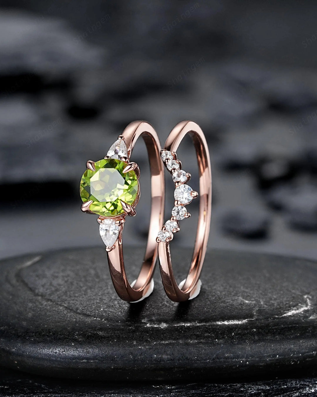 Round Shape Natural Peridot and Moissanite Engagement Ring Set, Rose Gold Diamond Promise Ring Anniversary Gift for Woman, August Birthstone - ShainJewelry
