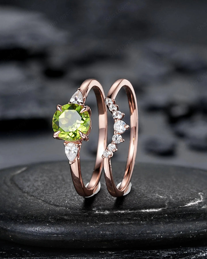 Round Shape Natural Peridot and Moissanite Engagement Ring Set, Rose Gold Diamond Promise Ring Anniversary Gift for Woman, August Birthstone - ShainJewelry