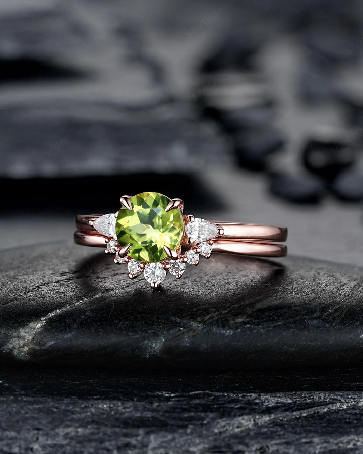 Round Shape Natural Peridot and Moissanite Engagement Ring Set, Rose Gold Diamond Promise Ring Anniversary Gift for Woman, August Birthstone - ShainJewelry