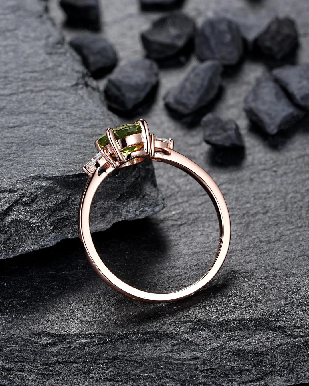 Round Shape Natural Peridot and Moissanite Engagement Ring Set, Rose Gold Diamond Promise Ring Anniversary Gift for Woman, August Birthstone - ShainJewelry