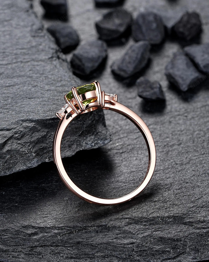 Round Shape Natural Peridot and Moissanite Engagement Ring Set, Rose Gold Diamond Promise Ring Anniversary Gift for Woman, August Birthstone - ShainJewelry