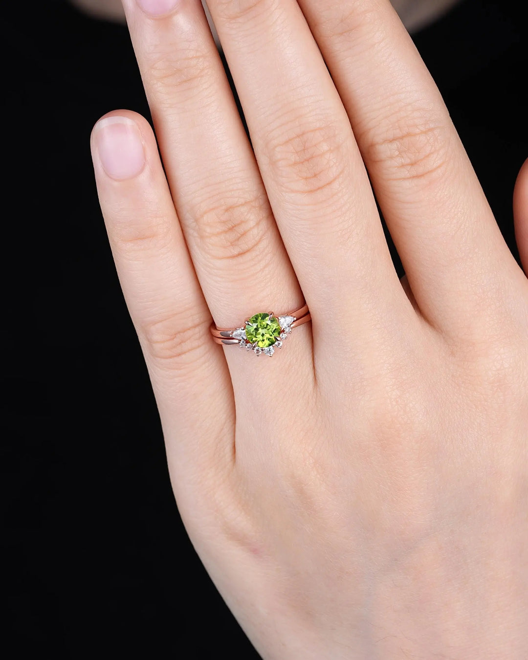 Round Shape Natural Peridot and Moissanite Engagement Ring Set, Rose Gold Diamond Promise Ring Anniversary Gift for Woman, August Birthstone - ShainJewelry
