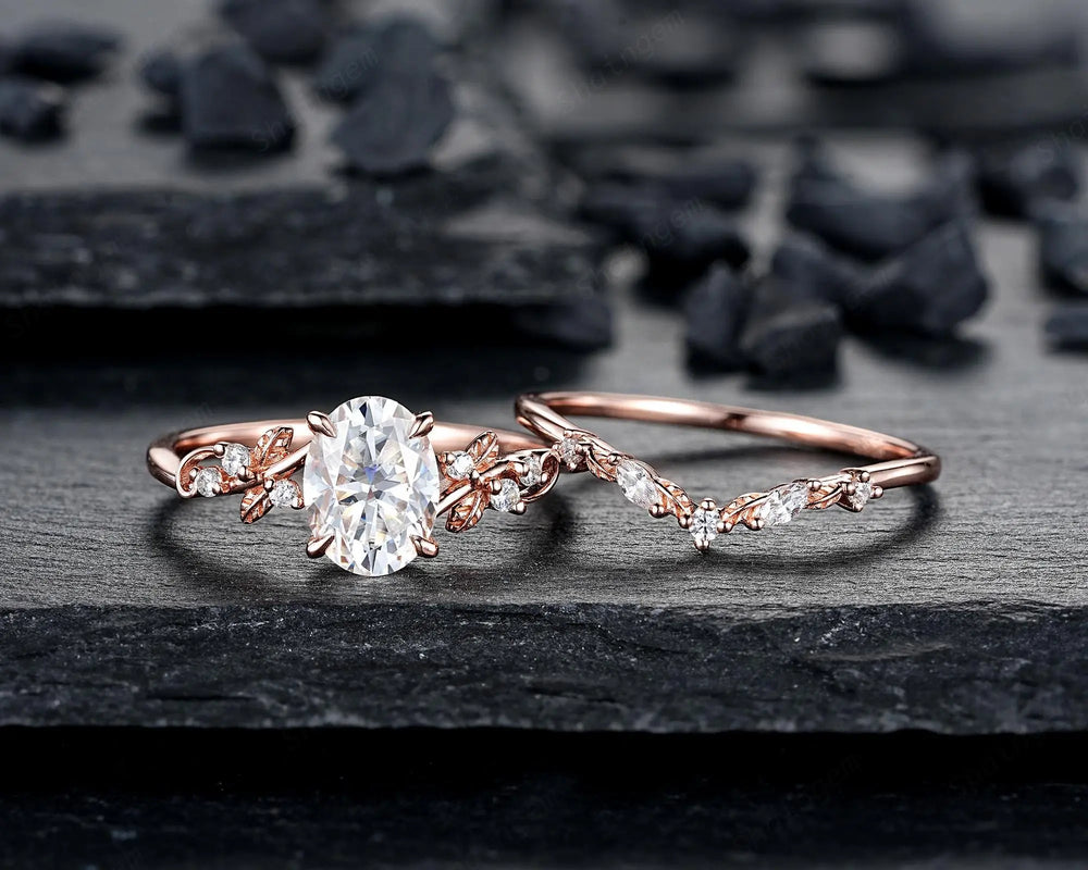 Oval Shape Moissanite Engagement Ring Set: 14k Rose Gold Leaf Wedding Rings For Women, Nature Inspired Leaf Diamond Promise Ring Bridal Set - ShainJewelry