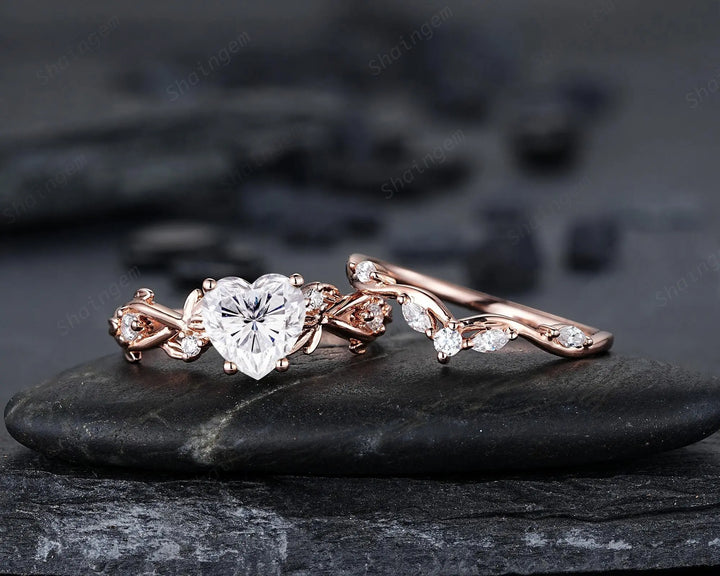 Heart Shape Moissanite Engagement Ring, Rose Gold Leaf Wedding Set, Diamond Promise Ring, Twig Branch Bridal Set, 24K Gold Plated, Platinum - ShainJewelry
