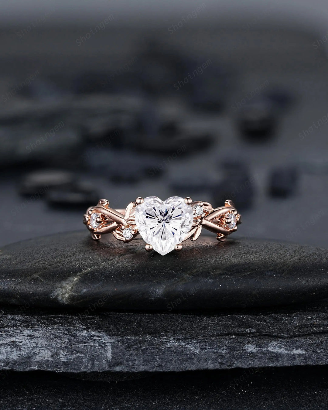 Heart Shape Moissanite Engagement Ring, Rose Gold Leaf Wedding Set, Diamond Promise Ring, Twig Branch Bridal Set, 24K Gold Plated, Platinum - ShainJewelry