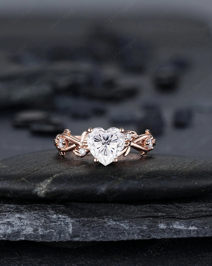 Heart Shape Moissanite Engagement Ring, Rose Gold Leaf Wedding Set, Diamond Promise Ring, Twig Branch Bridal Set, 24K Gold Plated, Platinum - ShainJewelry