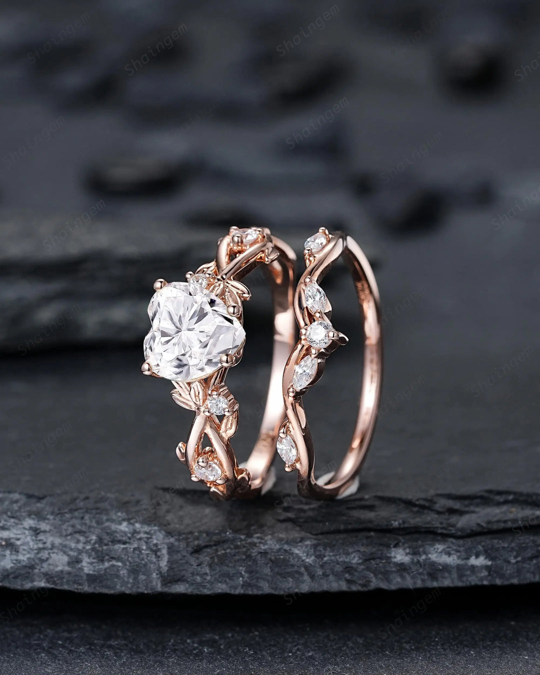 Heart Shape Moissanite Engagement Ring, Rose Gold Leaf Wedding Set, Diamond Promise Ring, Twig Branch Bridal Set, 24K Gold Plated, Platinum - ShainJewelry