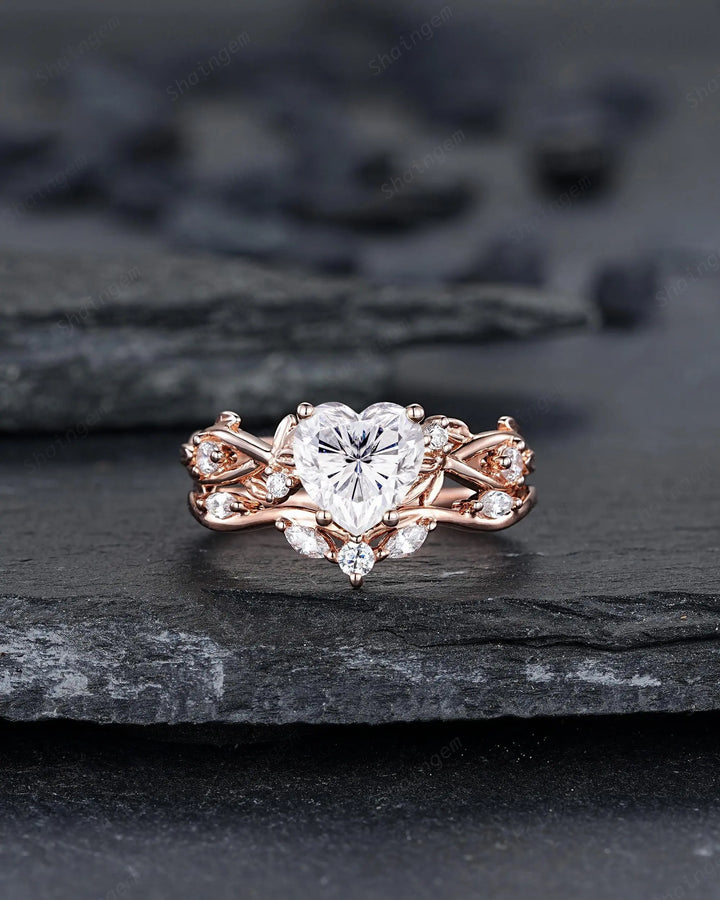 Heart Shape Moissanite Engagement Ring, Rose Gold Leaf Wedding Set, Diamond Promise Ring, Twig Branch Bridal Set, 24K Gold Plated, Platinum - ShainJewelry