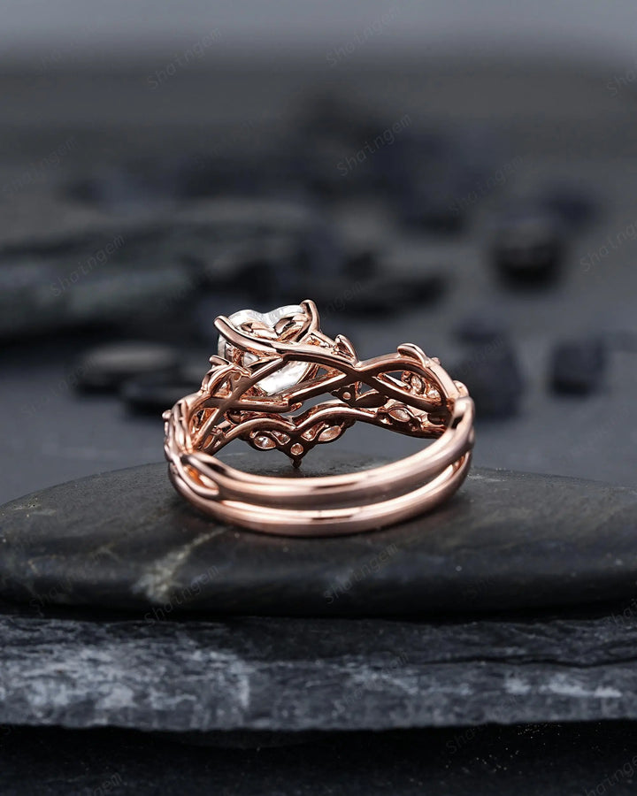 Heart Shape Moissanite Engagement Ring, Rose Gold Leaf Wedding Set, Diamond Promise Ring, Twig Branch Bridal Set, 24K Gold Plated, Platinum - ShainJewelry