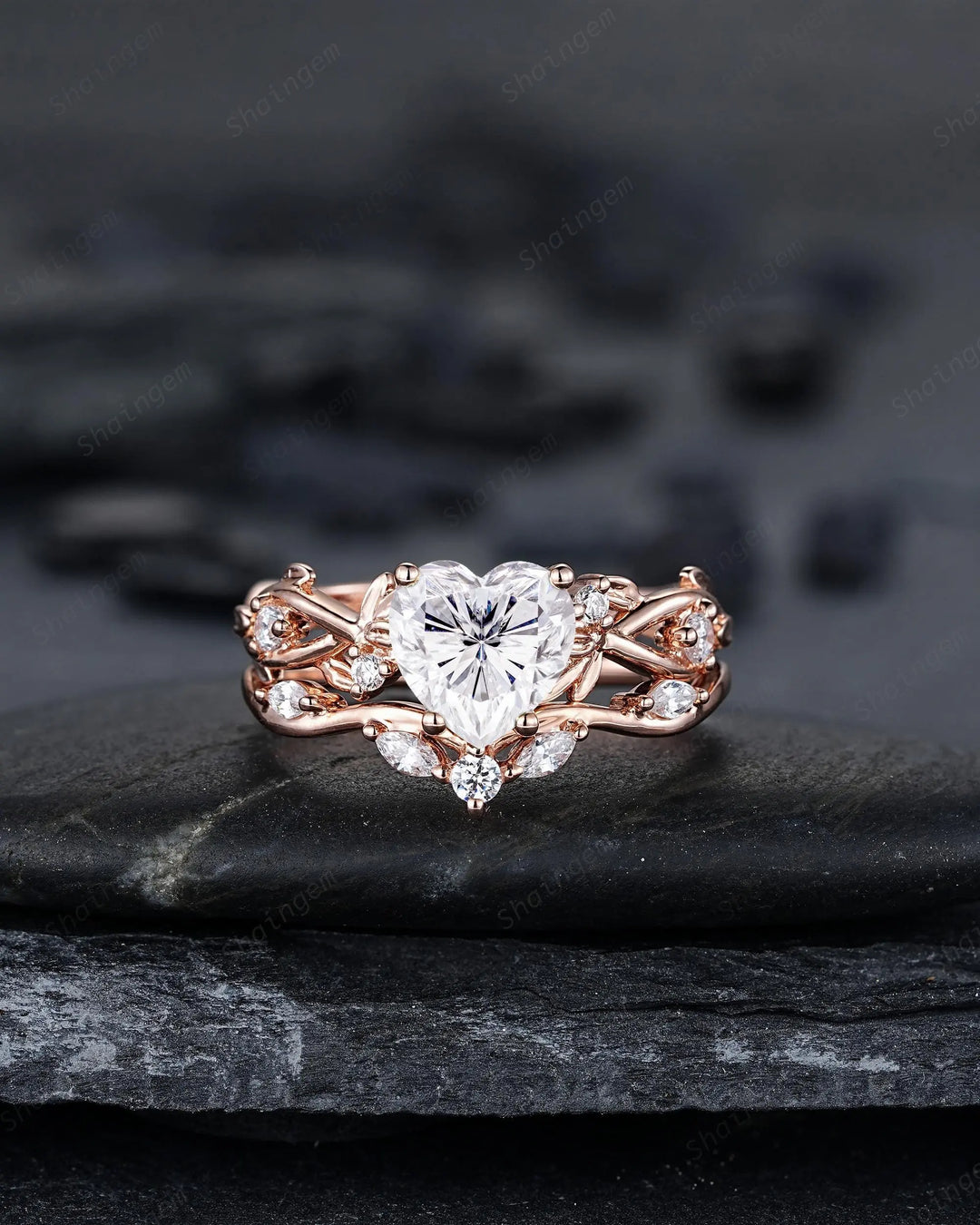 Heart Shape Moissanite Engagement Ring, Rose Gold Leaf Wedding Set, Diamond Promise Ring, Twig Branch Bridal Set, 24K Gold Plated, Platinum - ShainJewelry
