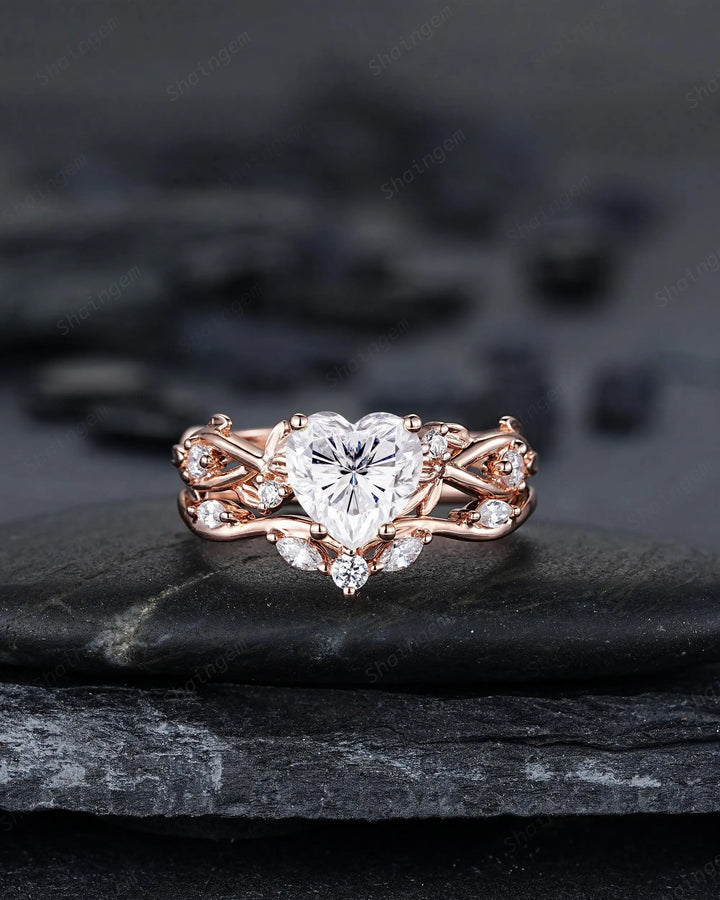 Heart Shape Moissanite Engagement Ring, Rose Gold Leaf Wedding Set, Diamond Promise Ring, Twig Branch Bridal Set, 24K Gold Plated, Platinum - ShainJewelry