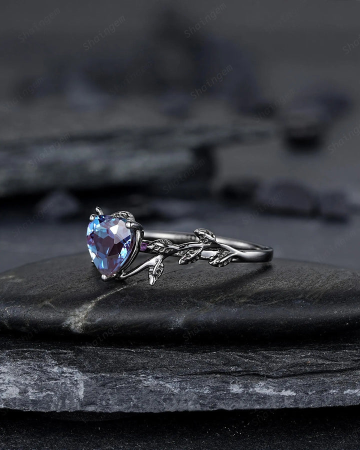 Gothic Heart Shape Alexandrite Engagement Ring: Dark Black Rhodium Twig Branch Promise Ring, Vine Wedding Ring, Solitaire June Birthstone - ShainJewelry