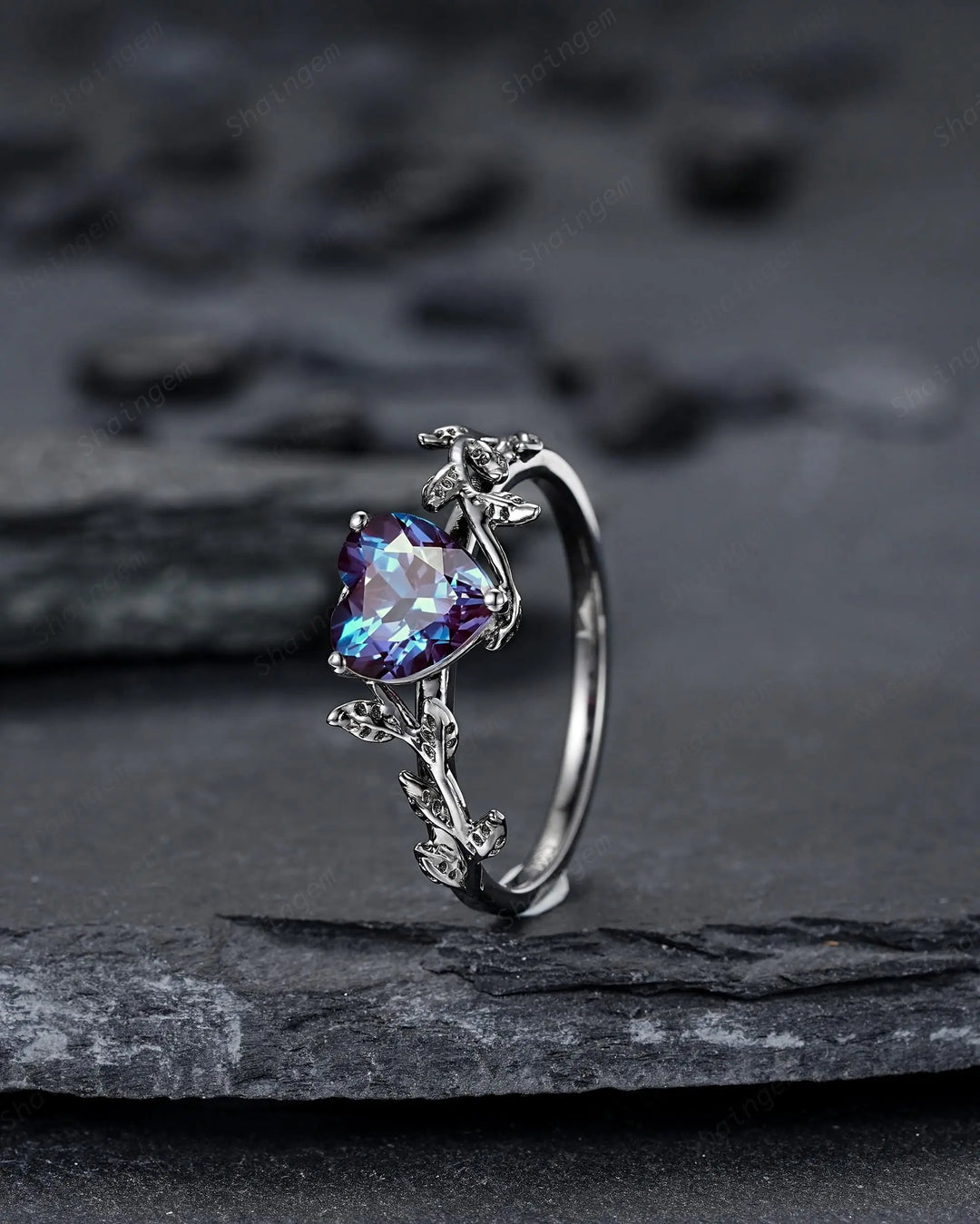 Gothic Heart Shape Alexandrite Engagement Ring: Dark Black Rhodium Twig Branch Promise Ring, Vine Wedding Ring, Solitaire June Birthstone - ShainJewelry