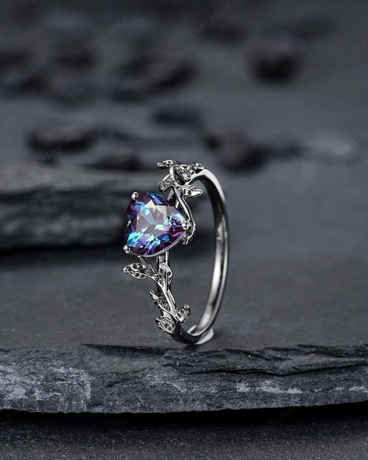 Gothic Heart Shape Alexandrite Engagement Ring: Dark Black Rhodium Twig Branch Promise Ring, Vine Wedding Ring, Solitaire June Birthstone - ShainJewelry