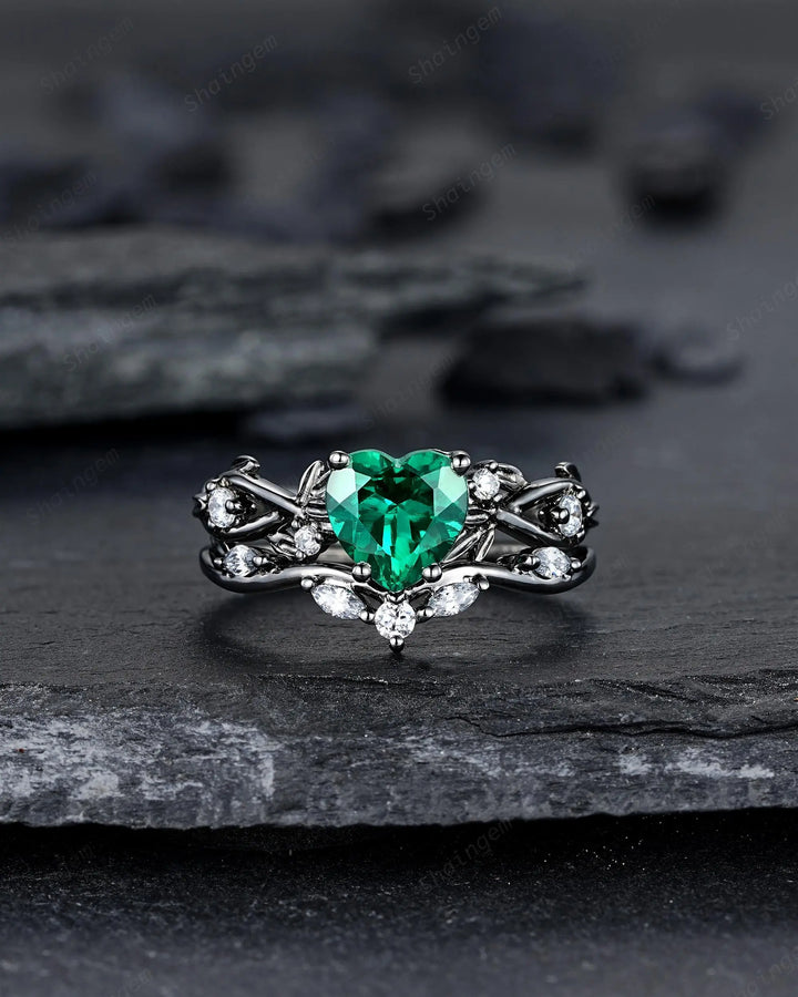 Gothic Heart Shape Emerald Engagement Ring Set: Dark Black Rhodium Promise Ring, Twig Leaf Wedding Ring, Unique Black Gold May Birthstone - ShainJewelry