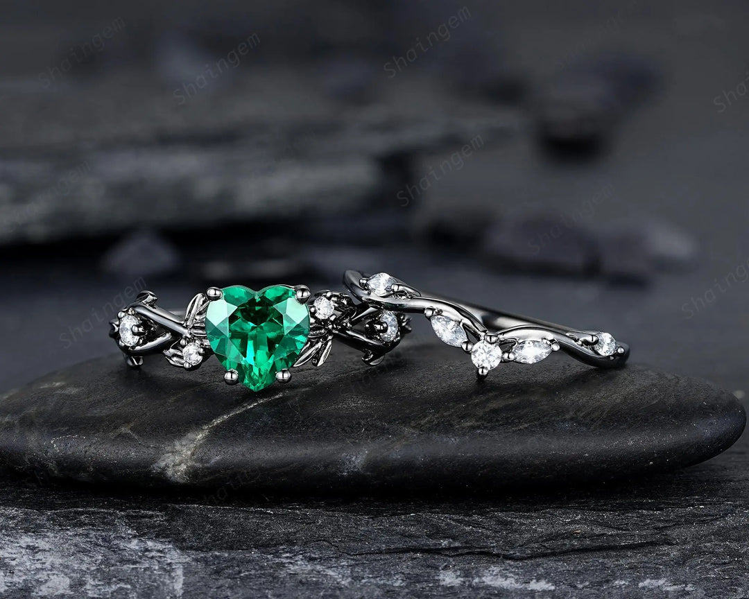 Gothic Heart Shape Emerald Engagement Ring Set: Dark Black Rhodium Promise Ring, Twig Leaf Wedding Ring, Unique Black Gold May Birthstone - ShainJewelry