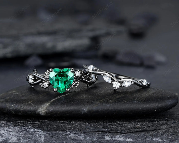 Gothic Heart Shape Emerald Engagement Ring Set: Dark Black Rhodium Promise Ring, Twig Leaf Wedding Ring, Unique Black Gold May Birthstone - ShainJewelry
