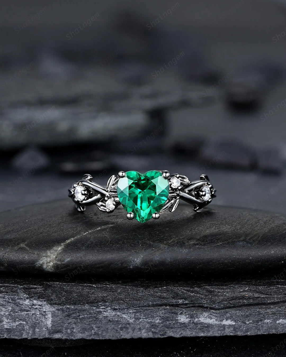 Gothic Heart Shape Emerald Engagement Ring Set: Dark Black Rhodium Promise Ring, Twig Leaf Wedding Ring, Unique Black Gold May Birthstone - ShainJewelry