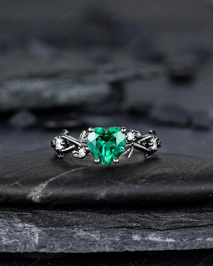Gothic Heart Shape Emerald Engagement Ring Set: Dark Black Rhodium Promise Ring, Twig Leaf Wedding Ring, Unique Black Gold May Birthstone - ShainJewelry