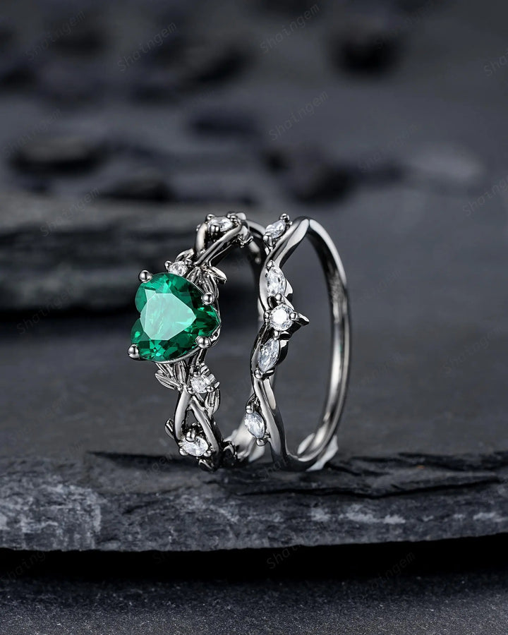Gothic Heart Shape Emerald Engagement Ring Set: Dark Black Rhodium Promise Ring, Twig Leaf Wedding Ring, Unique Black Gold May Birthstone - ShainJewelry