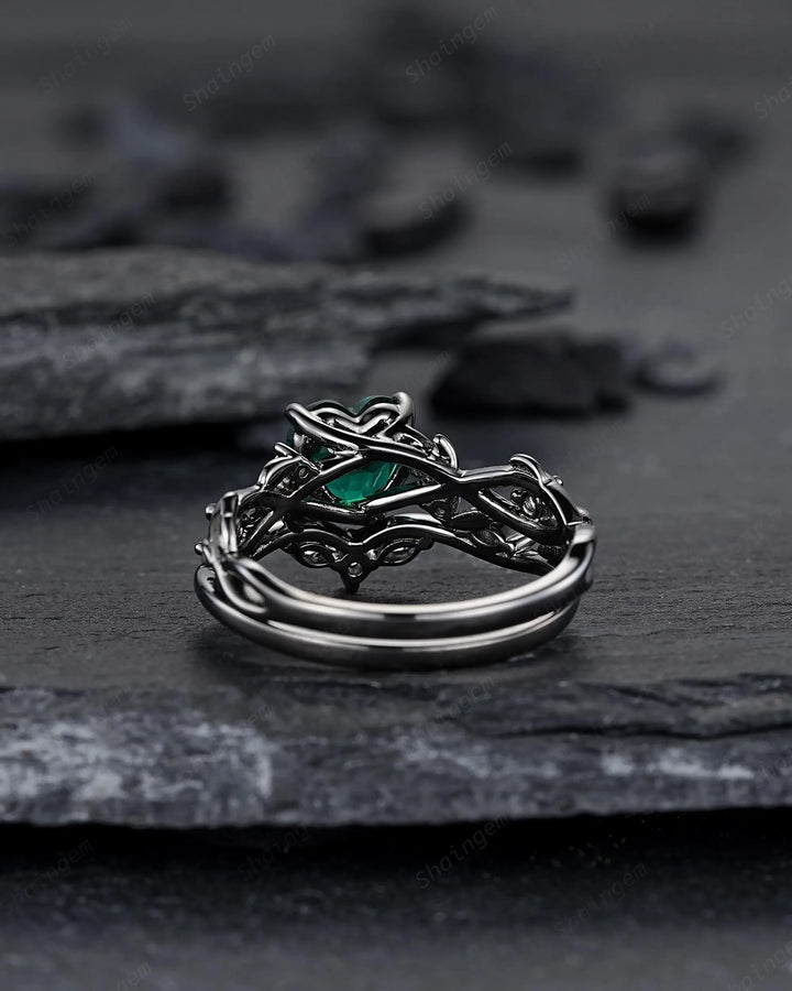 Gothic Heart Shape Emerald Engagement Ring Set: Dark Black Rhodium Promise Ring, Twig Leaf Wedding Ring, Unique Black Gold May Birthstone - ShainJewelry