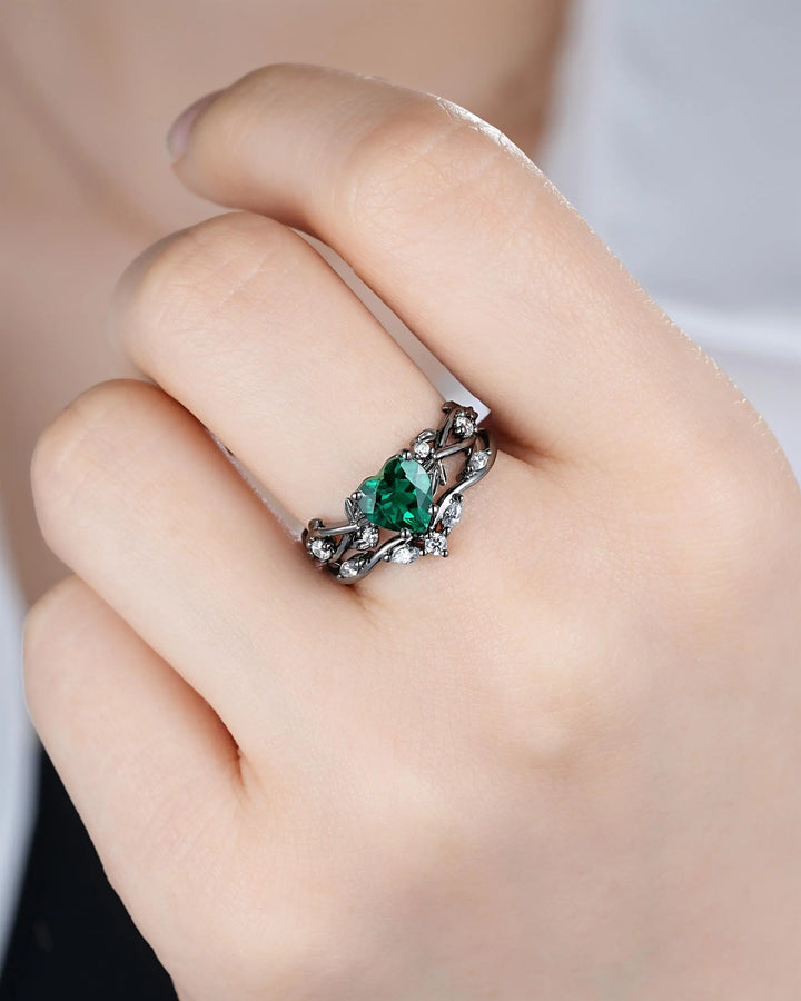Gothic Heart Shape Emerald Engagement Ring Set: Dark Black Rhodium Promise Ring, Twig Leaf Wedding Ring, Unique Black Gold May Birthstone - ShainJewelry