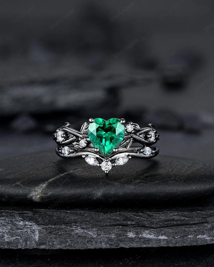 Gothic Heart Shape Emerald Engagement Ring Set: Dark Black Rhodium Promise Ring, Twig Leaf Wedding Ring, Unique Black Gold May Birthstone - ShainJewelry