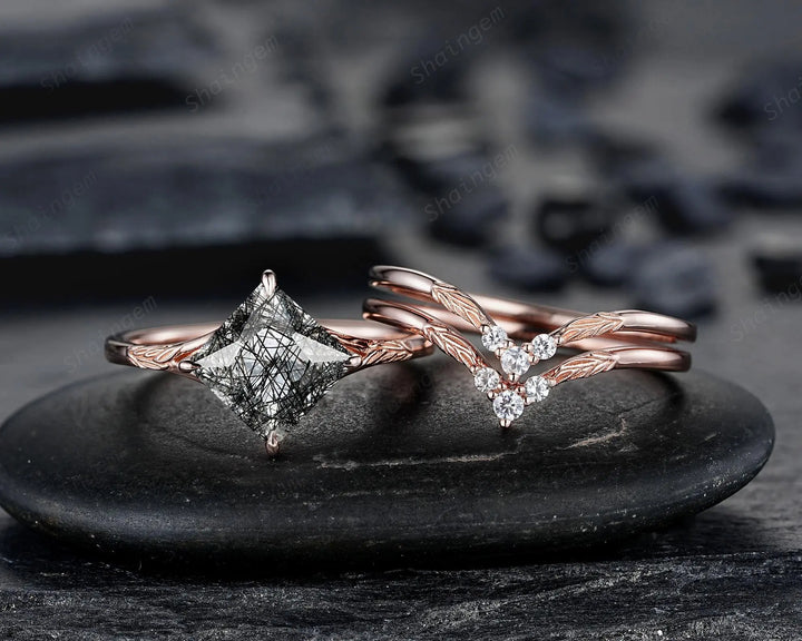 Unique 3PCS Princess Cut Black Rutilated Solitaire Engagement Ring: Nature Inspired Vine Wedding Set Rose Gold Promise Ring, Engraved Leaf - ShainJewelry