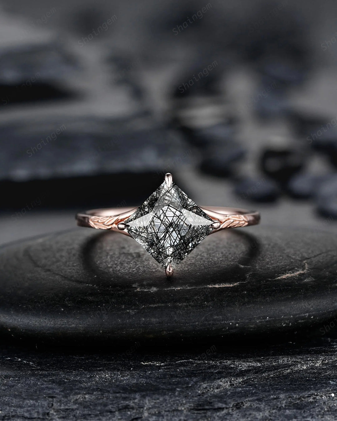 Unique 3PCS Princess Cut Black Rutilated Solitaire Engagement Ring: Nature Inspired Vine Wedding Set Rose Gold Promise Ring, Engraved Leaf - ShainJewelry