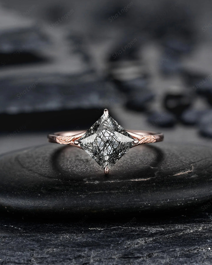 Unique 3PCS Princess Cut Black Rutilated Solitaire Engagement Ring: Nature Inspired Vine Wedding Set Rose Gold Promise Ring, Engraved Leaf - ShainJewelry