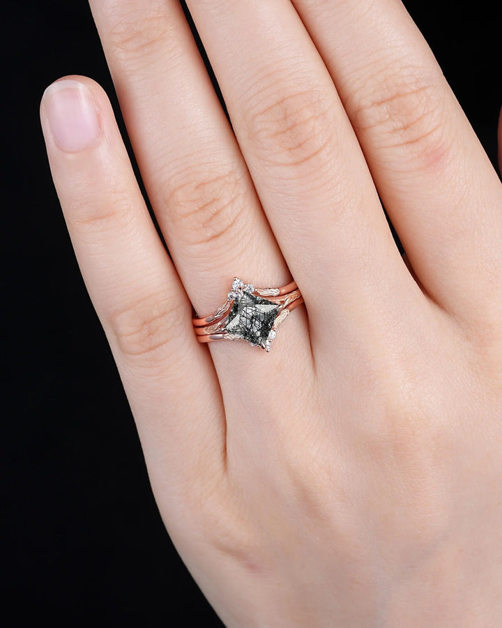 Unique 3PCS Princess Cut Black Rutilated Solitaire Engagement Ring: Nature Inspired Vine Wedding Set Rose Gold Promise Ring, Engraved Leaf - ShainJewelry