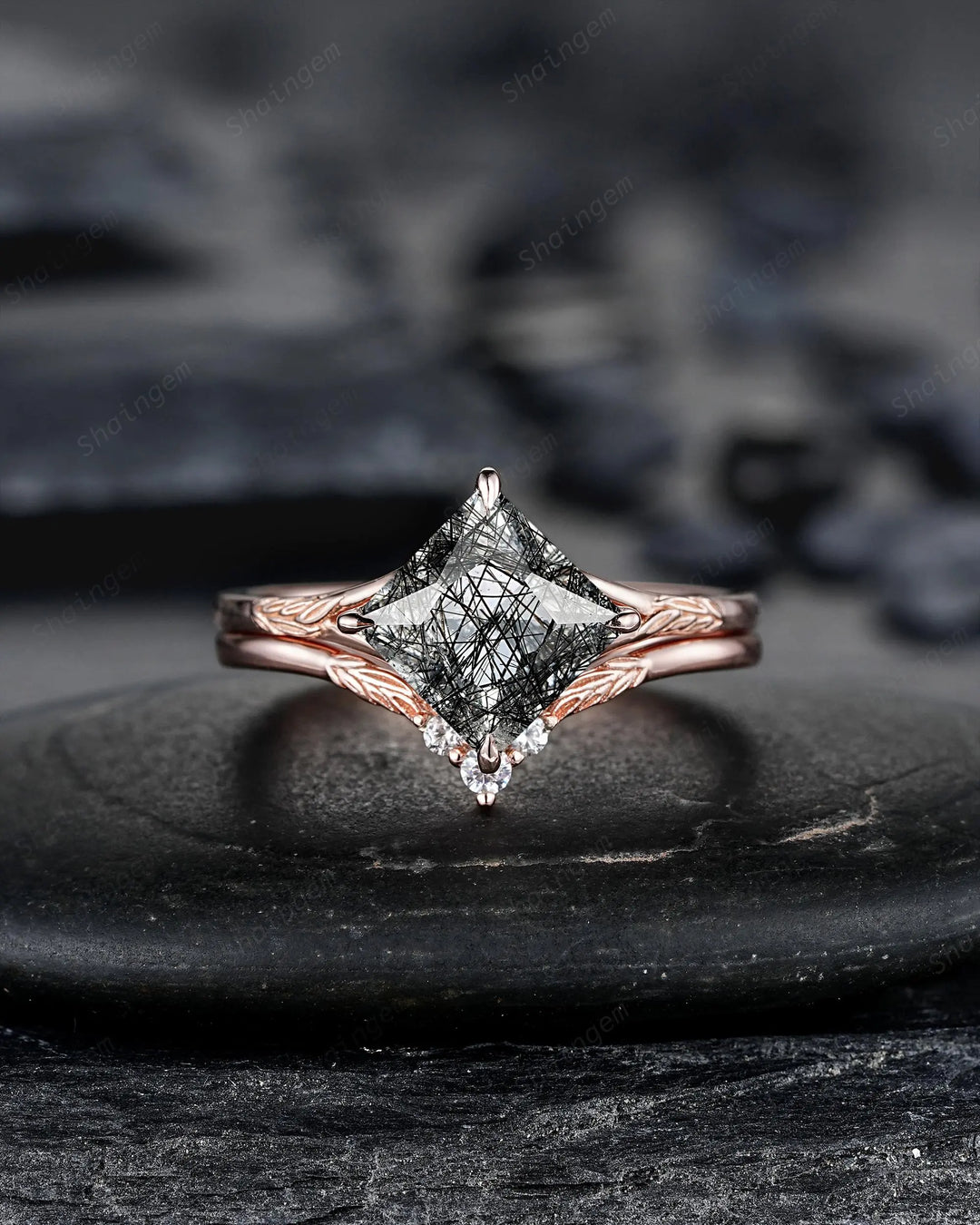 Unique 3PCS Princess Cut Black Rutilated Solitaire Engagement Ring: Nature Inspired Vine Wedding Set Rose Gold Promise Ring, Engraved Leaf - ShainJewelry